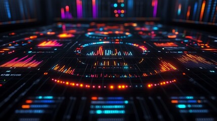 Illuminated digital interface presents data analysis through colorful graphical displays