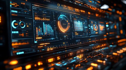 A futuristic control panel displays complex data and visualizations