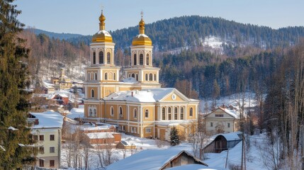 Obraz premium Winter Cathedral, mountain village, snowy landscape, travel postcard