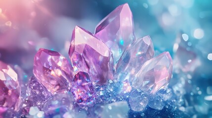 set of healing crystals, sunlight illuminating amethyst, quartz, and rose quartz, atmospheric composition for meditation