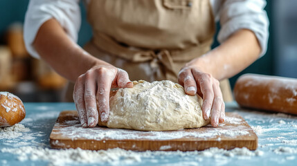 Fototapeta premium Una mujer amasando una masa de pan con masa madre con sus propias manos