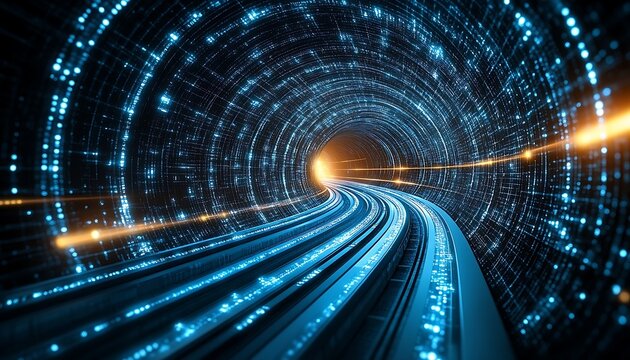 Abstract Digital Tunnel with Glowing Blue and Orange Lights