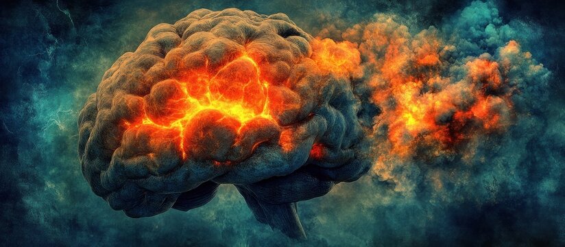 Exploding brain, mental health, dark background, medical illustration