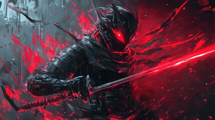 Naklejka premium Crimson Ronin: Digital Art of a Fiery Samurai