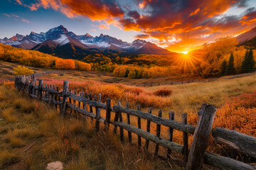 Fototapeta premium A wooden fence in a grassy field with mountains in the background