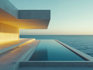 Obraz premium Modern minimalist luxury villa with infinity pool overlooking the ocean at sunset.