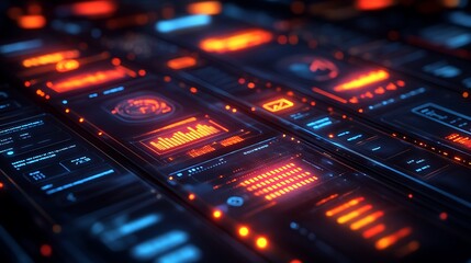Illuminated futuristic digital interface displays showing complex data information