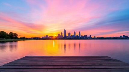 Fototapeta premium City skyline reflecting in calm water during a colorful sunset