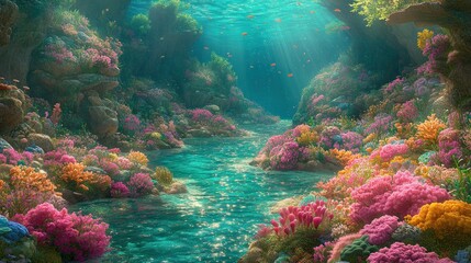 Fototapeta premium Underwater coral reef canyon, sunbeams, fish, vibrant colors, background, screensaver