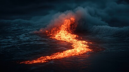 Fototapeta premium Molten lava flows into ocean at night, creating steam