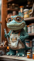 A small reptile character with glasses stands proudly in a quaint workshop, holding a wrench in one hand