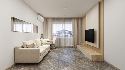 This modern living room features a beige sofa, an elegant wooden TV wall unit, a sleek desk with a chair, and a large window offering a city view, creating a bright, stylish atmosphere