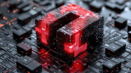Abstract glowing red cube on circuit board