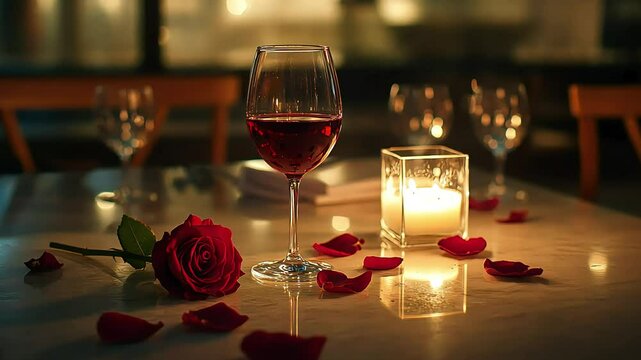 Romantic table setting with red wine, lit candle, and scattered rose petals