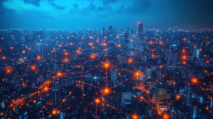 Obraz premium City network at night, aerial view, digital illustration