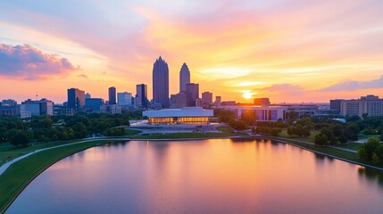 A beautiful sunset over a city skyline reflecting in water