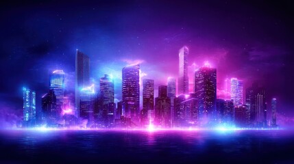Neon Cityscape: A futuristic metropolis shimmering with vibrant purple and blue neon lights, reflecting on a calm body of water.  A breathtaking digital artwork.