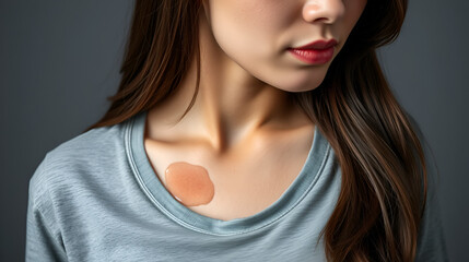 Naklejka premium Close-up asian woman with hyperhidrosis sweating. Young asia woman with sweat stain on her clothes against grey background. Healthcare concept.