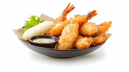 Golden Crispy Shrimp with Rice and Dipping Sauce on Plate