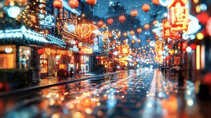 Obraz premium Rainy Night Chinese Street Scene; Festive Atmosphere; Potential Stock Photo