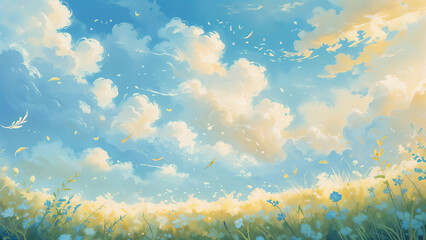 Fototapeta premium Beautiful floral scene with sunlight, blue sky and soft pastel hues