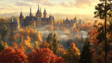 Obraz premium Autumnal Castle Sunrise, Misty Forest, Fairytale Illustration