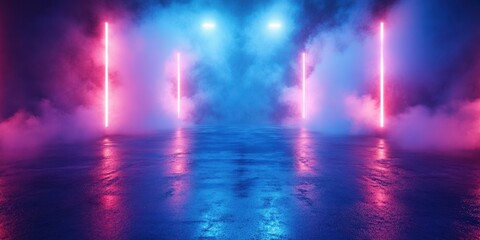 Fototapeta premium Colorful illuminated background with neon lights and fog in a dark setting for events or performances