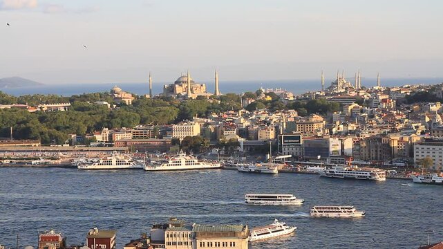 Hagia Irene, Hagia Sophia and Blue Mosque. Istanbul, Turkey. Looking over Goldenhorn towards old peninsula
