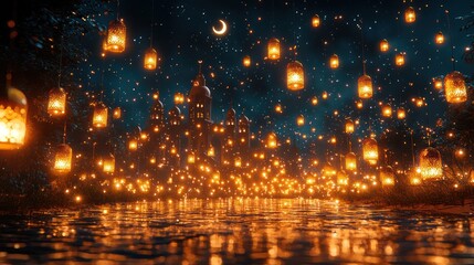 Obraz premium Night castle lanterns reflecting in water. Possible stock photo use Fantasy night scene
