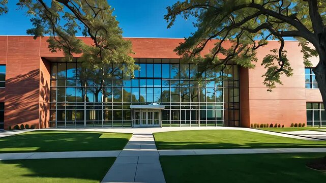 Modern university building with green lawns and trees under a bright blue sky
