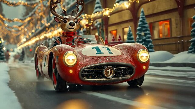 Rentier f&auml;hrt in Rennwagen in weihnachtlicher Stadt