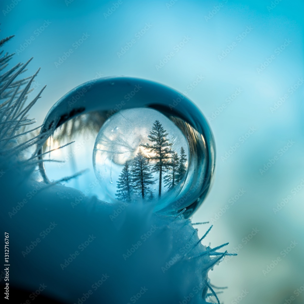 Poster a crystal-clear droplet encapsulates a miniature forest scene within, surrounded by a soft, frosty b