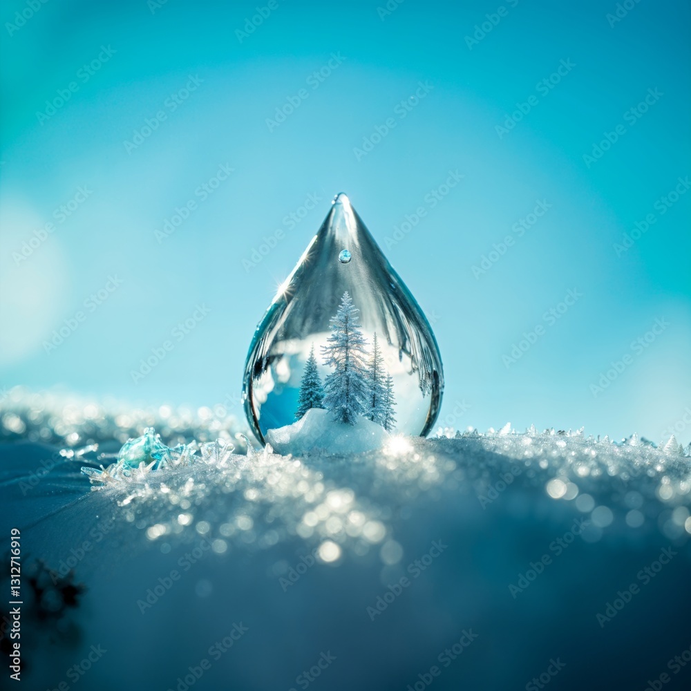 Poster the image features a clear, teardrop-shaped droplet on a snowy surface against a serene blue backgro