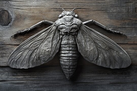 A metallic insect sculpture rests on weathered wood, showcasing intricate detail and a dark, artistic aesthetic.