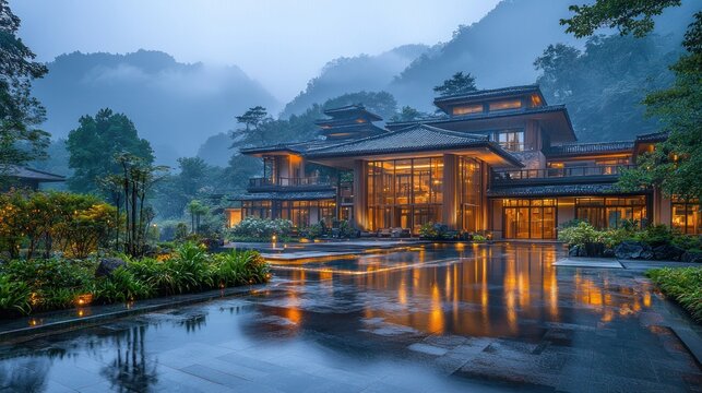 Mountaintop Asian villa illuminated at twilight