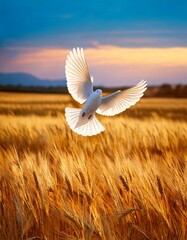 Obraz premium The dove of peace flies over the wheat