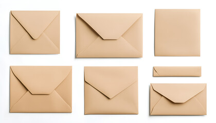 Kraft paper envelopes and blank letter isolated on white, collage