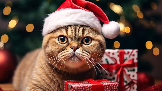 Katze mit Weihnachtsm&uuml;tze und Geschenk