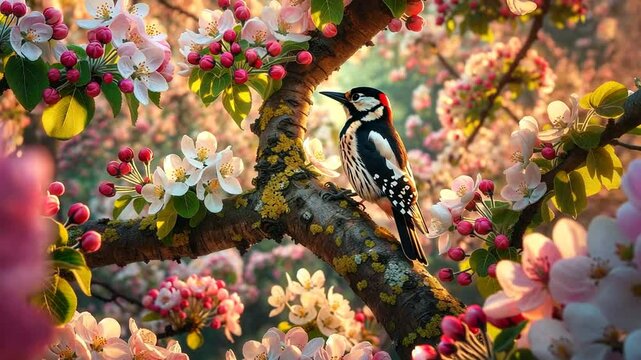 Buntspecht auf bl&uuml;hendem Baum