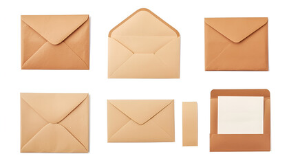 Kraft paper envelopes and blank letter isolated on white, collage
