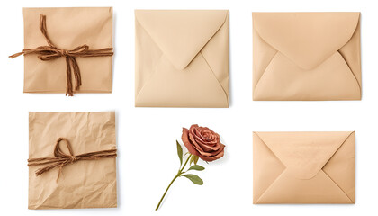 Kraft paper envelopes and blank letter isolated on white, collage