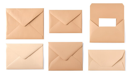 Kraft paper envelopes and blank letter isolated on white, collage