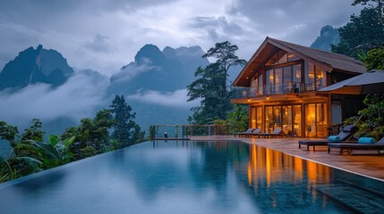 Obraz premium Mountaintop villa with infinity pool, nighttime view