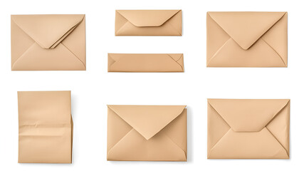 Kraft paper envelopes and blank letter isolated on white, collage