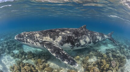 Naklejka premium Whale swimming coral reef shallows ocean background