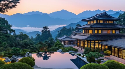 Mountaintop Japanese resort at sunrise, reflecting pool