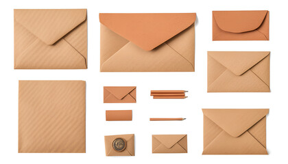 Kraft paper envelopes and blank letter isolated on white, collage