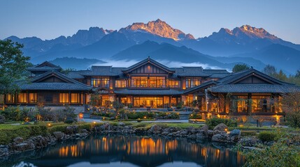 Fototapeta premium Mountaintop luxury resort at dawn, reflecting pond