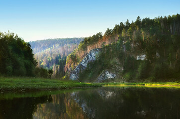 Fototapeta premium The rocky riverbank is covered with a lush forest.