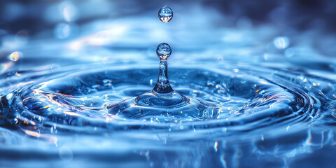 Macro water drop collision, sparkling, creating ripples against a blurred background.